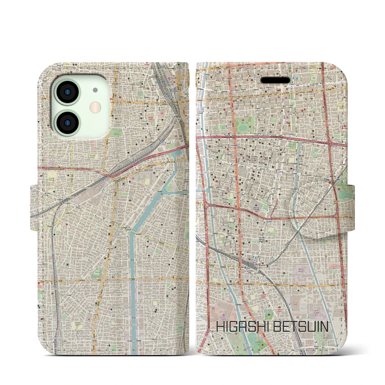 【東別院】地図柄iPhoneケース（手帳両面タイプ・ナチュラル）iPhone 12 mini 用
