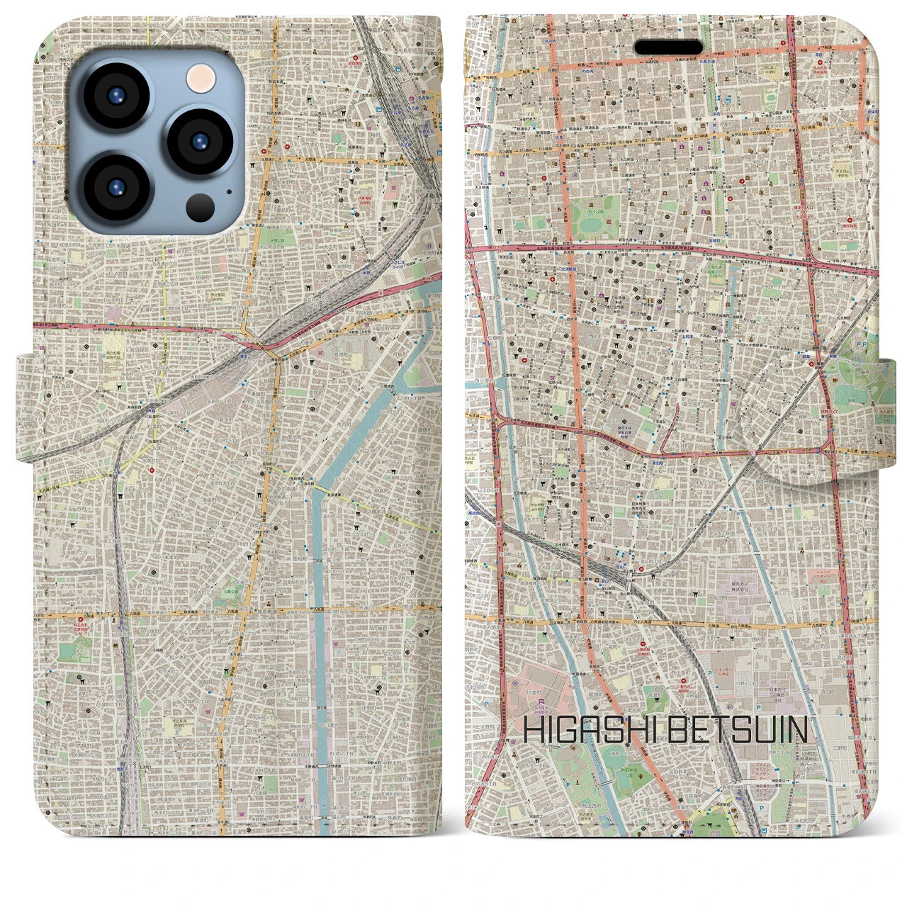 【東別院】地図柄iPhoneケース（手帳両面タイプ・ナチュラル）iPhone 13 Pro Max 用