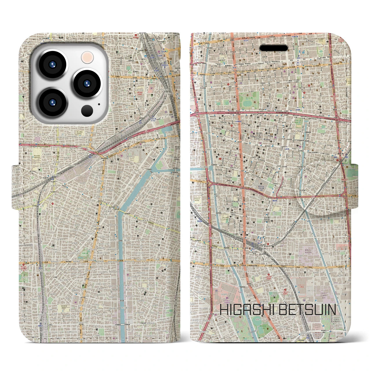 【東別院】地図柄iPhoneケース（手帳両面タイプ・ナチュラル）iPhone 13 Pro 用