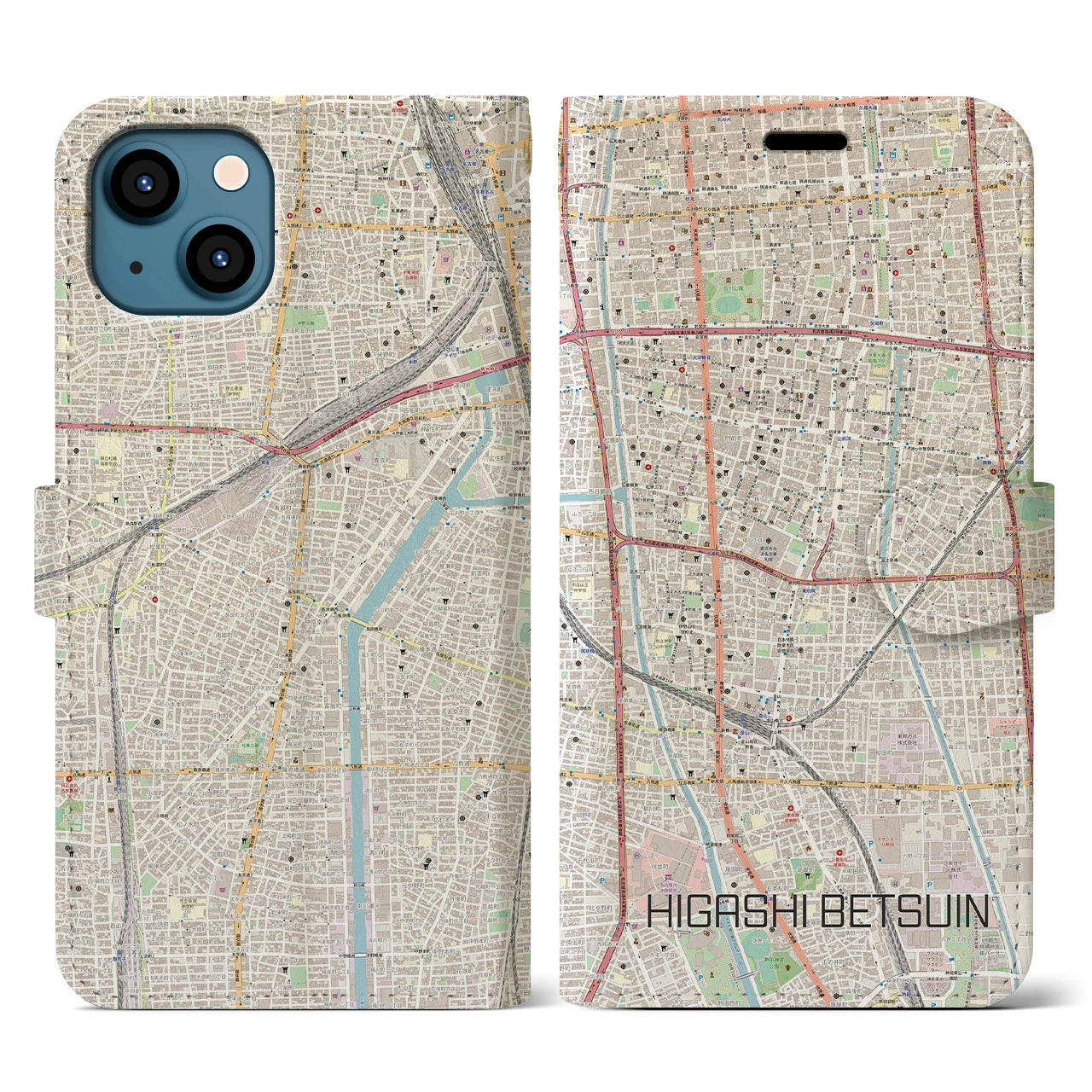 【東別院】地図柄iPhoneケース（手帳両面タイプ・ナチュラル）iPhone 13 用