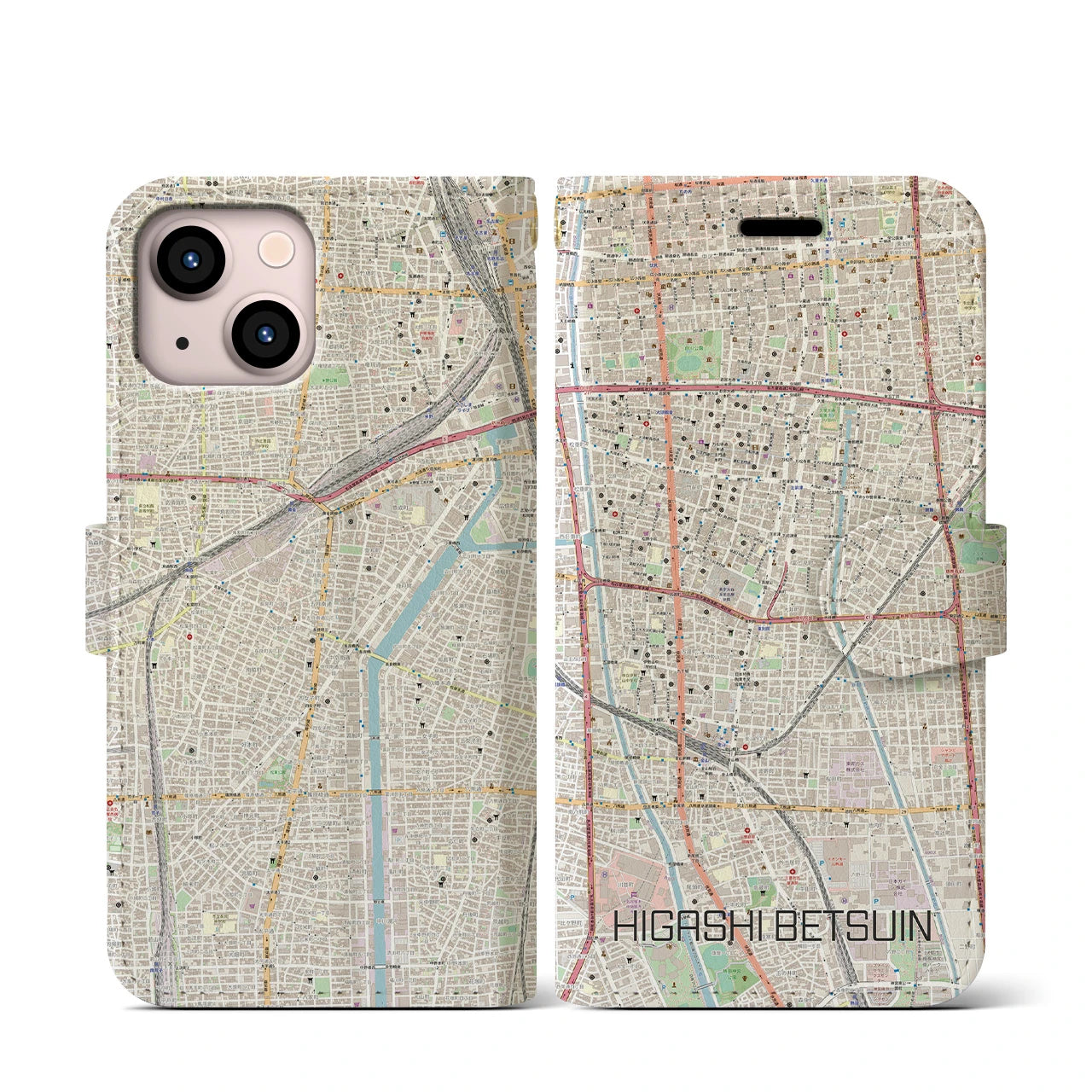 【東別院】地図柄iPhoneケース（手帳両面タイプ・ナチュラル）iPhone 13 mini 用