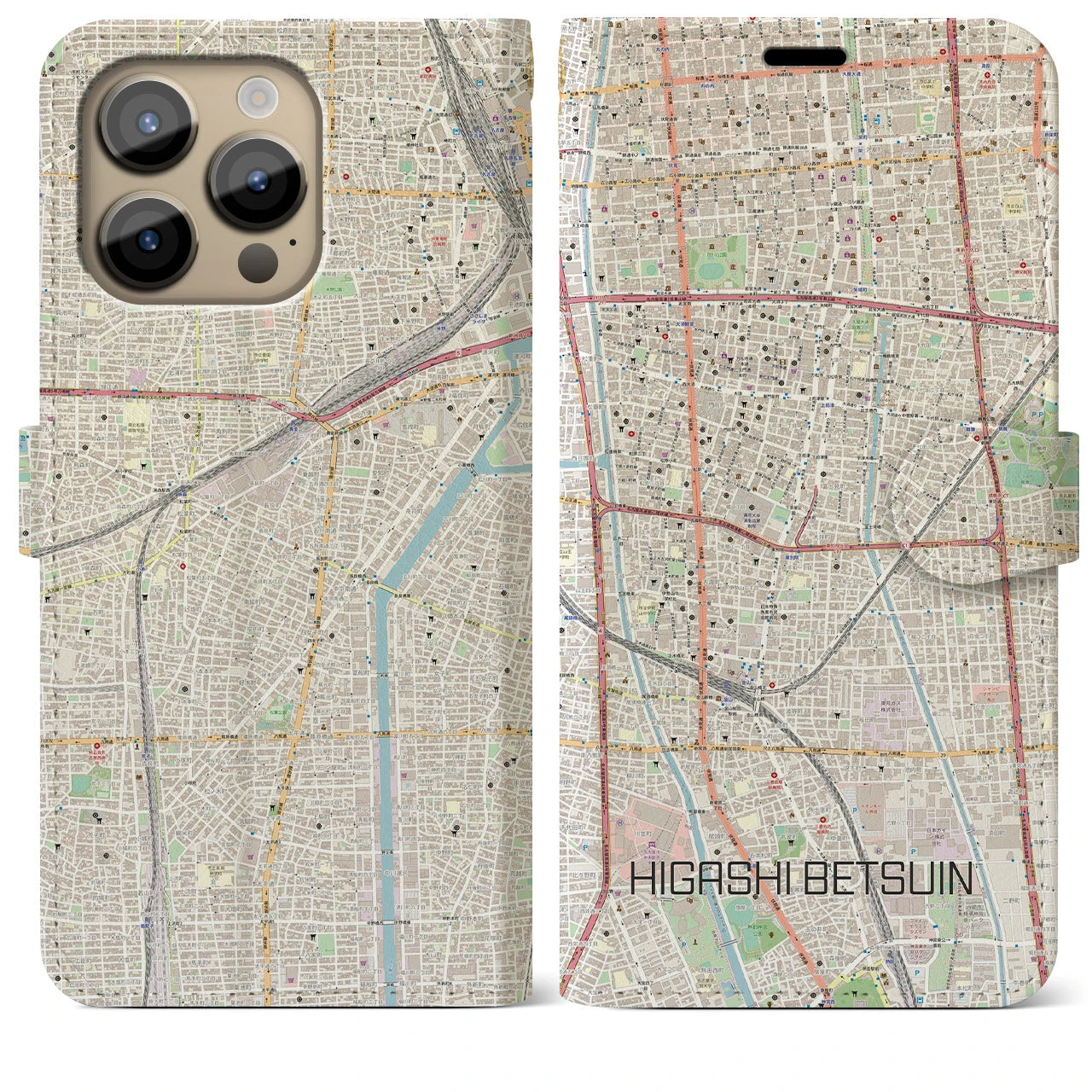 【東別院】地図柄iPhoneケース（手帳両面タイプ・ナチュラル）iPhone 14 Pro Max 用