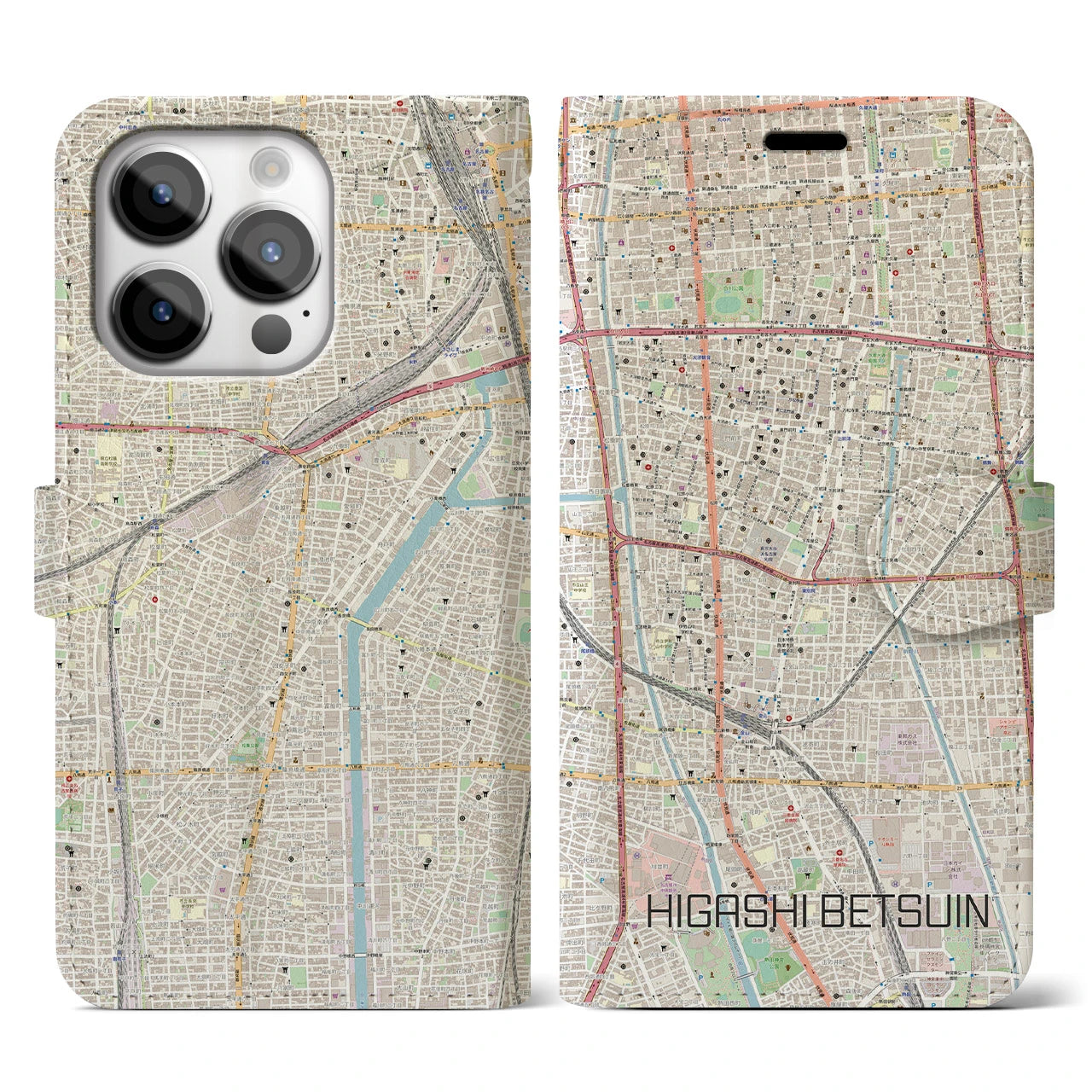 【東別院】地図柄iPhoneケース（手帳両面タイプ・ナチュラル）iPhone 14 Pro 用
