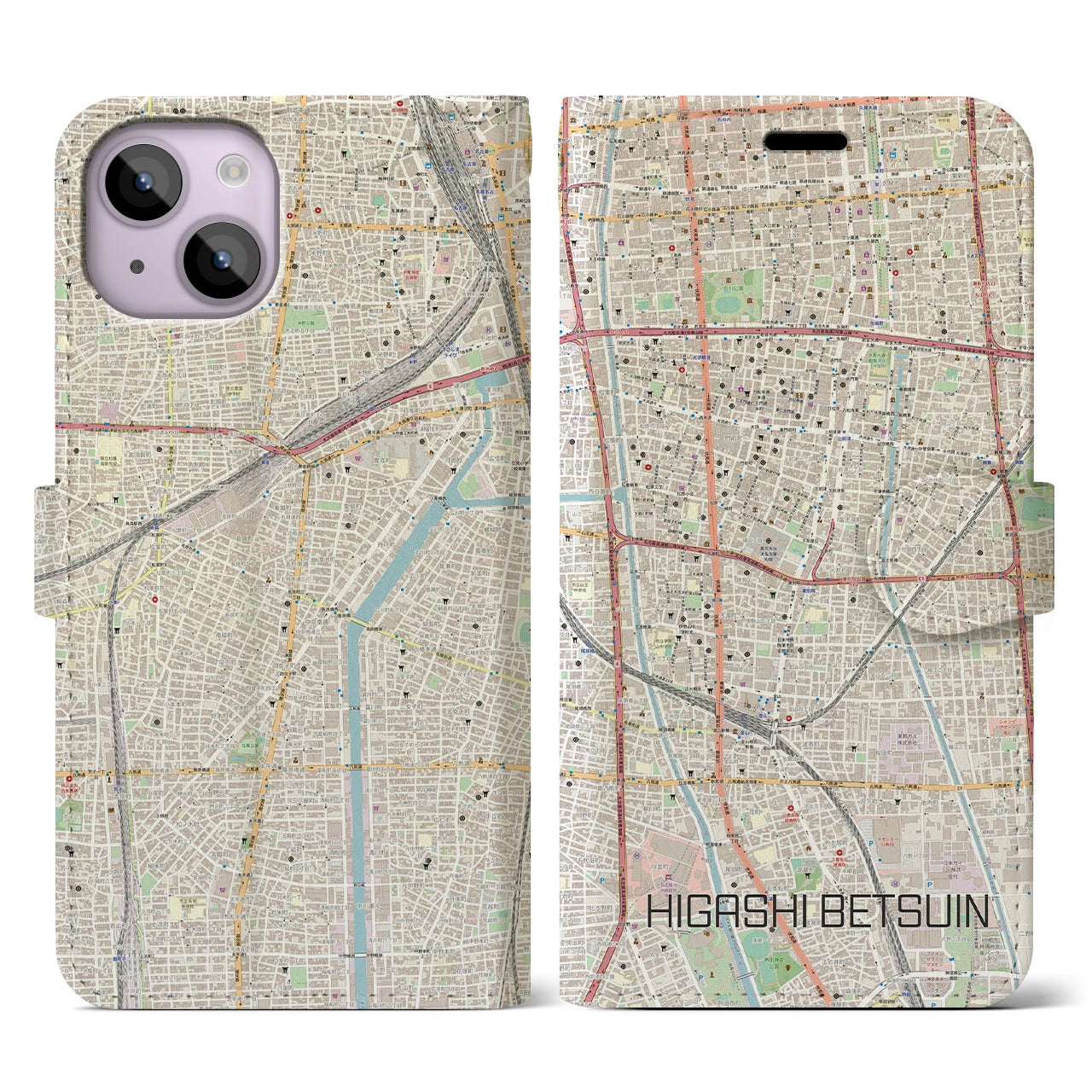 【東別院】地図柄iPhoneケース（手帳両面タイプ・ナチュラル）iPhone 14 用