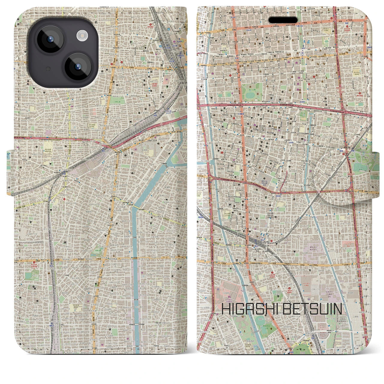 【東別院】地図柄iPhoneケース（手帳両面タイプ・ナチュラル）iPhone 14 Plus 用