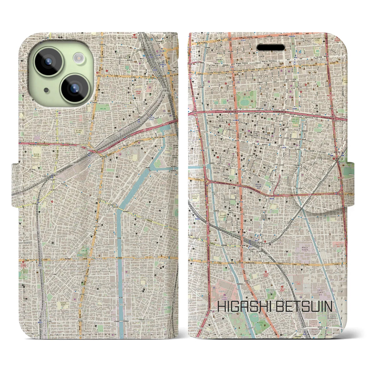【東別院】地図柄iPhoneケース（手帳両面タイプ・ナチュラル）iPhone 15 用