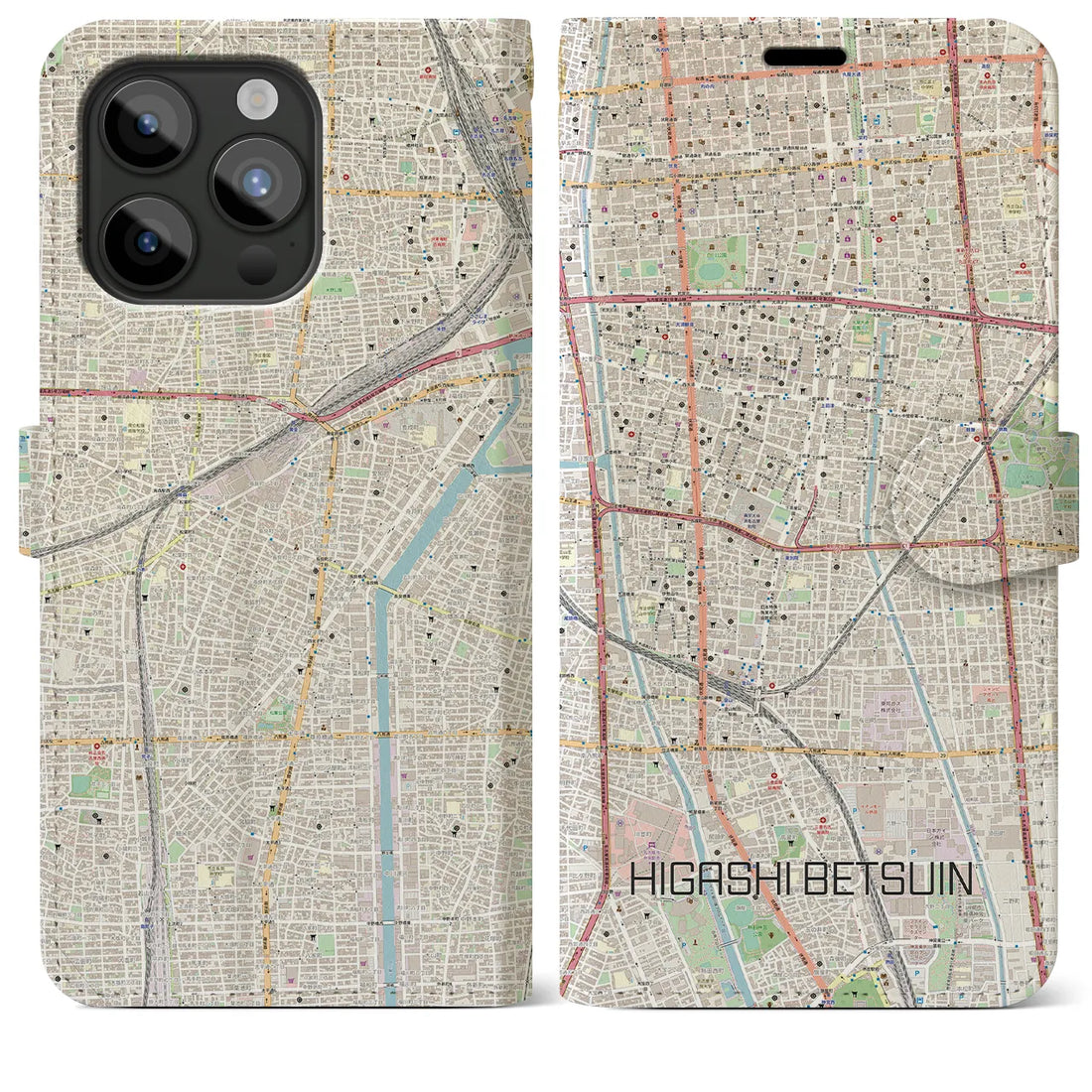 【東別院】地図柄iPhoneケース（手帳両面タイプ・ナチュラル）iPhone 15 Pro Max 用