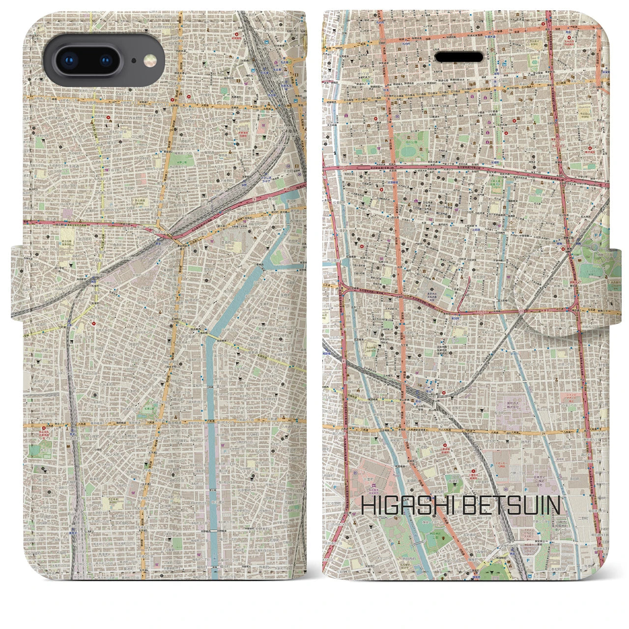【東別院】地図柄iPhoneケース（手帳両面タイプ・ナチュラル）iPhone 8Plus /7Plus / 6sPlus / 6Plus 用