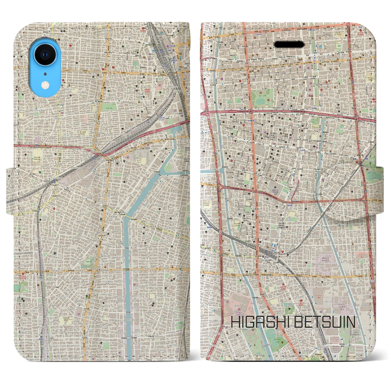 【東別院】地図柄iPhoneケース（手帳両面タイプ・ナチュラル）iPhone XR 用