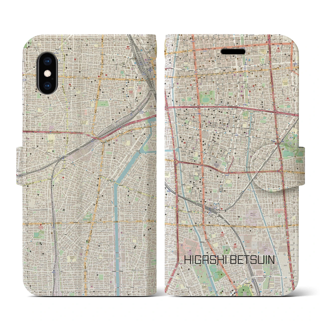 【東別院】地図柄iPhoneケース（手帳両面タイプ・ナチュラル）iPhone XS / X 用