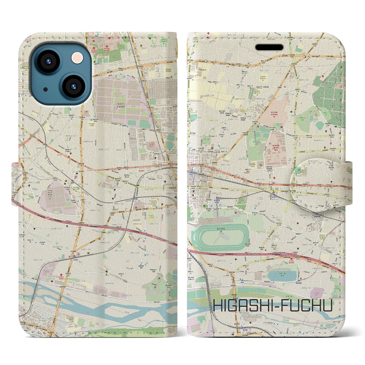 【東府中】地図柄iPhoneケース（手帳両面タイプ・ナチュラル）iPhone 13 用