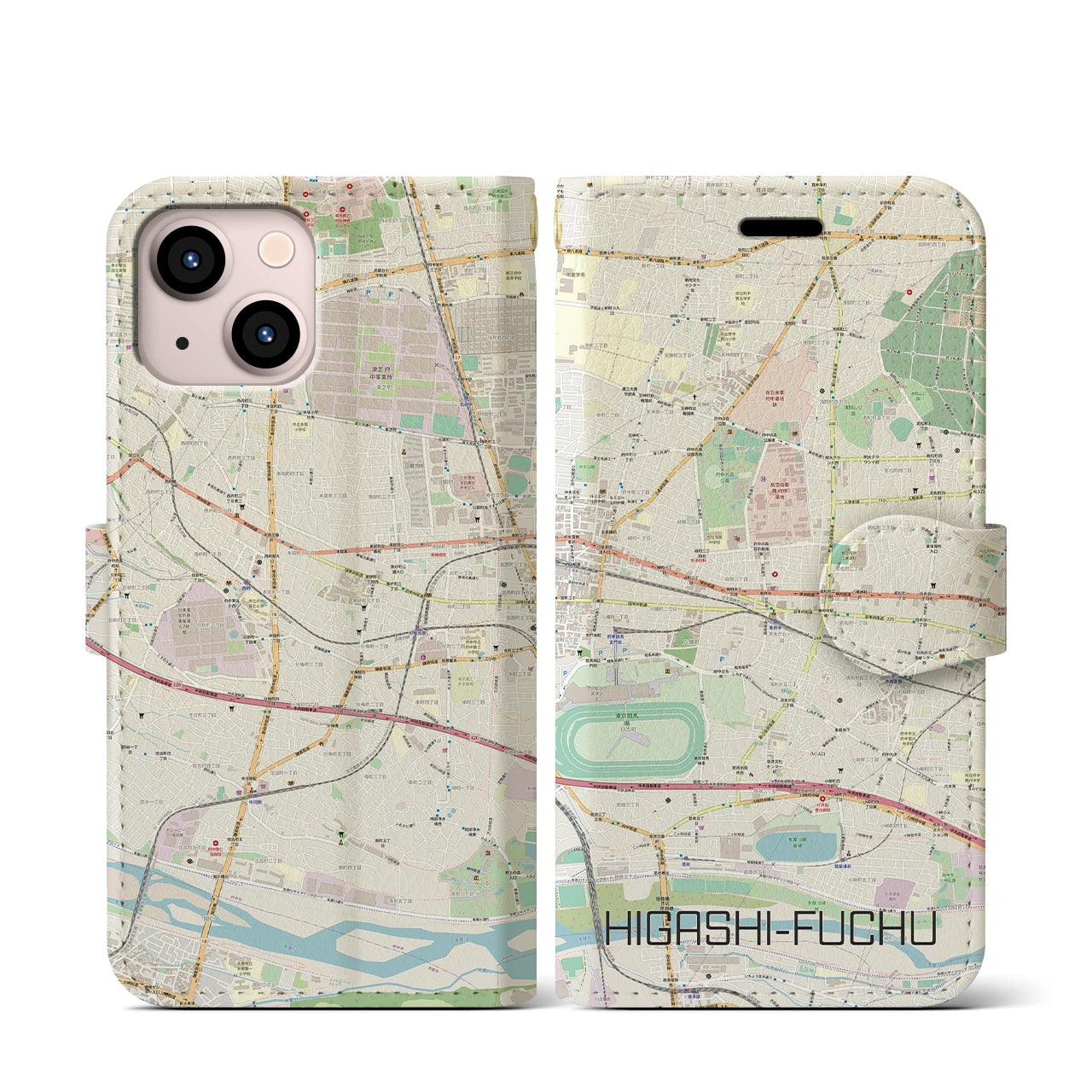 【東府中】地図柄iPhoneケース（手帳両面タイプ・ナチュラル）iPhone 13 mini 用