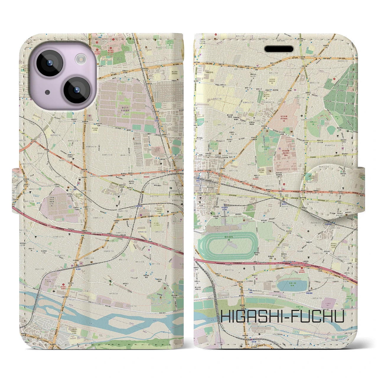 【東府中】地図柄iPhoneケース（手帳両面タイプ・ナチュラル）iPhone 14 用