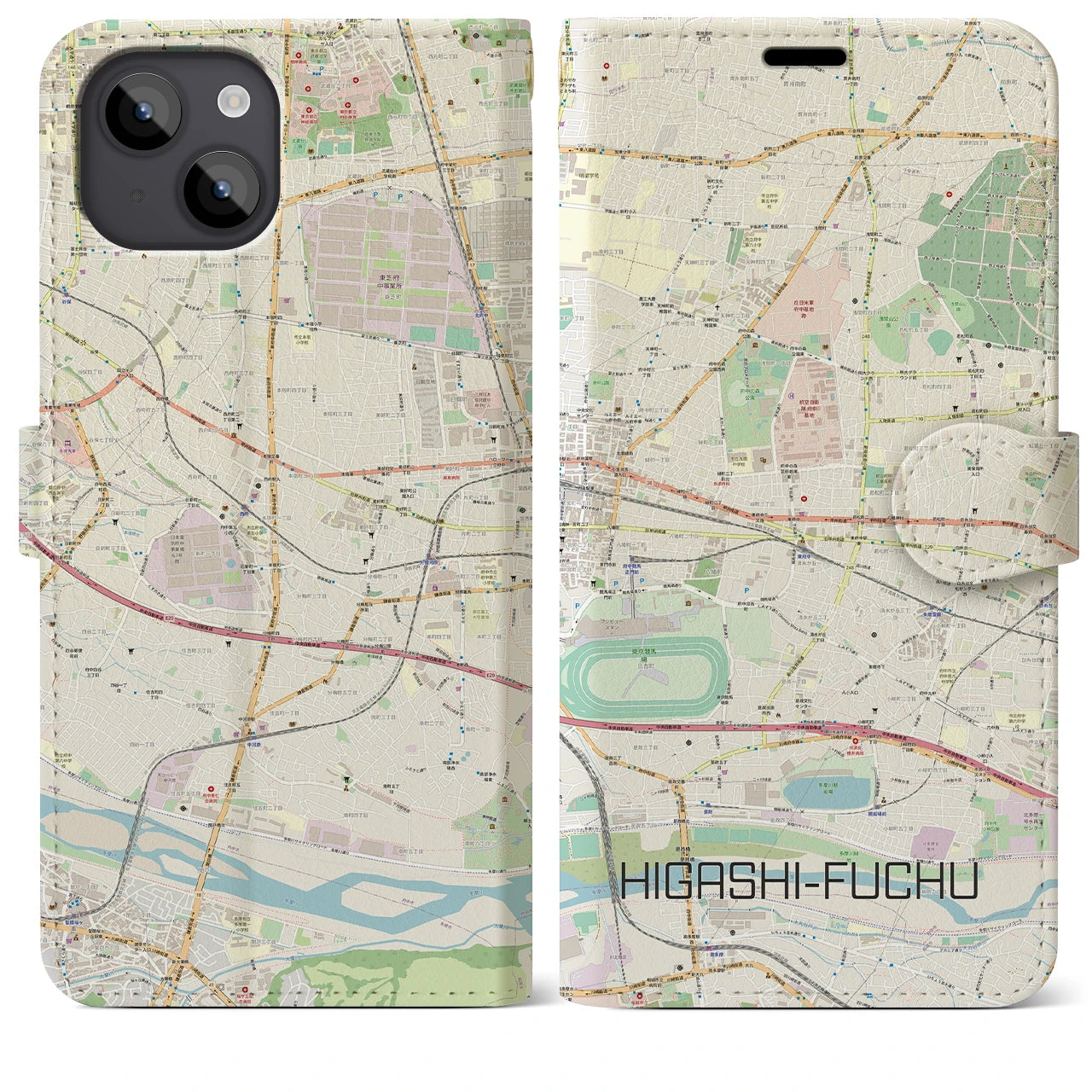 【東府中】地図柄iPhoneケース（手帳両面タイプ・ナチュラル）iPhone 14 Plus 用