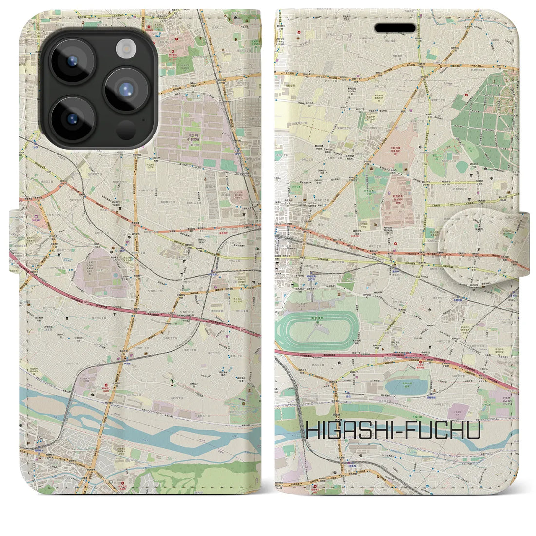 【東府中】地図柄iPhoneケース（手帳両面タイプ・ナチュラル）iPhone 15 Pro Max 用