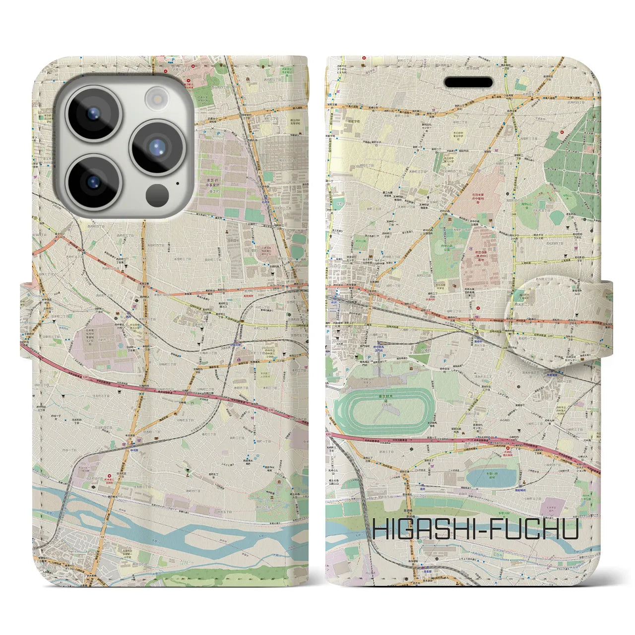 【東府中】地図柄iPhoneケース（手帳両面タイプ・ナチュラル）iPhone 15 Pro 用