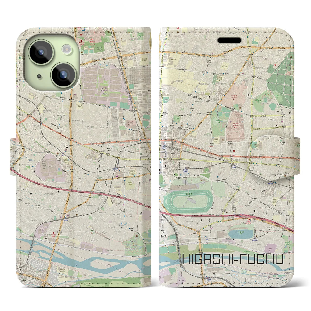 【東府中】地図柄iPhoneケース（手帳両面タイプ・ナチュラル）iPhone 15 用