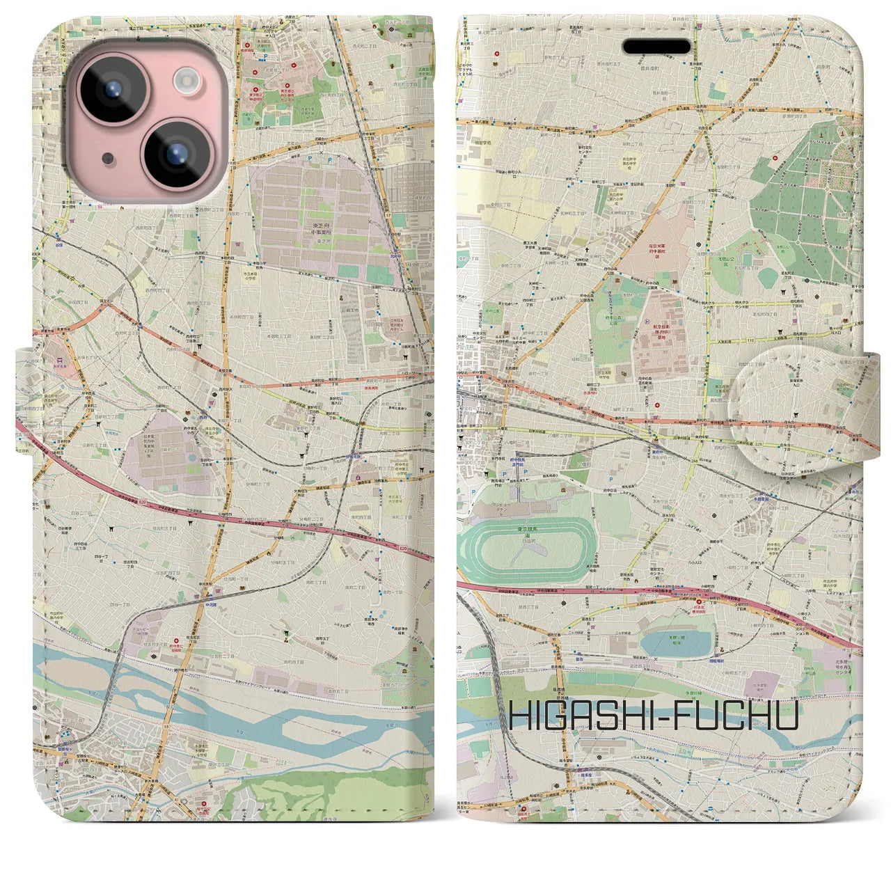 【東府中】地図柄iPhoneケース（手帳両面タイプ・ナチュラル）iPhone 15 Plus 用