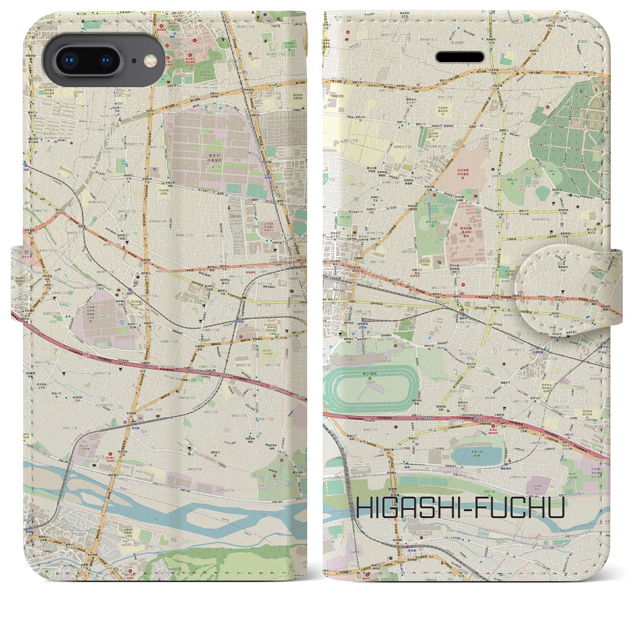 【東府中】地図柄iPhoneケース（手帳両面タイプ・ナチュラル）iPhone 8Plus /7Plus / 6sPlus / 6Plus 用