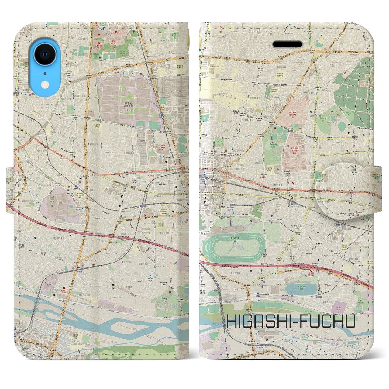 【東府中】地図柄iPhoneケース（手帳両面タイプ・ナチュラル）iPhone XR 用