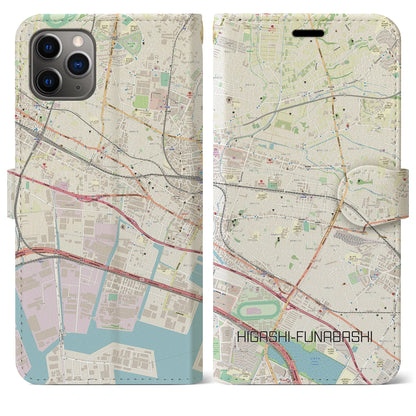 【東船橋（千葉県）】地図柄iPhoneケース（手帳タイプ）ナチュラル・iPhone 11 Pro Max 用