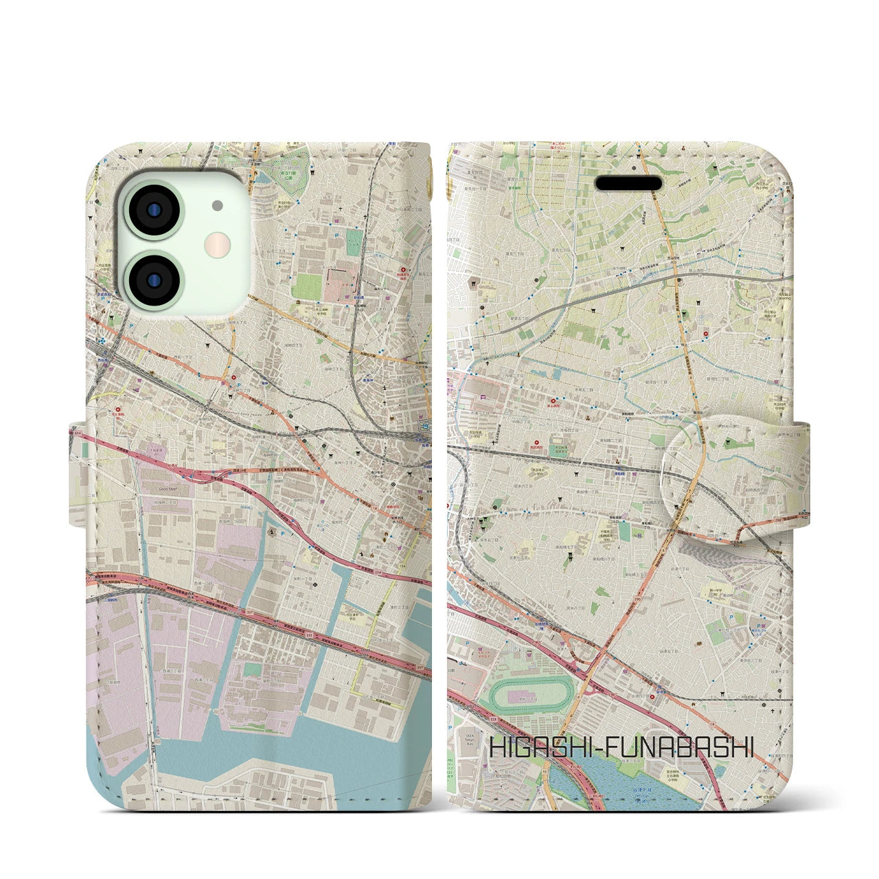 【東船橋】地図柄iPhoneケース（手帳両面タイプ・ナチュラル）iPhone 12 mini 用