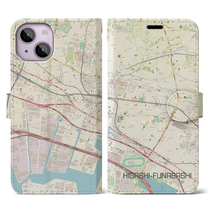 【東船橋（千葉県）】地図柄iPhoneケース（手帳タイプ）ナチュラル・iPhone 14 用