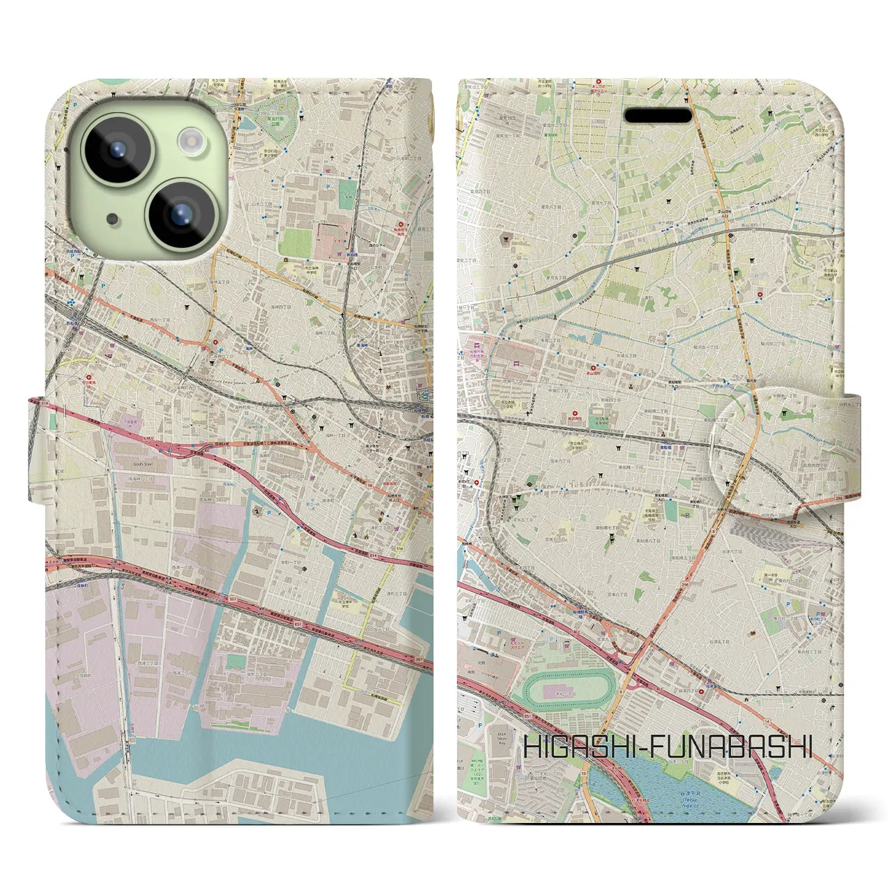 【東船橋】地図柄iPhoneケース（手帳両面タイプ・ナチュラル）iPhone 15 用