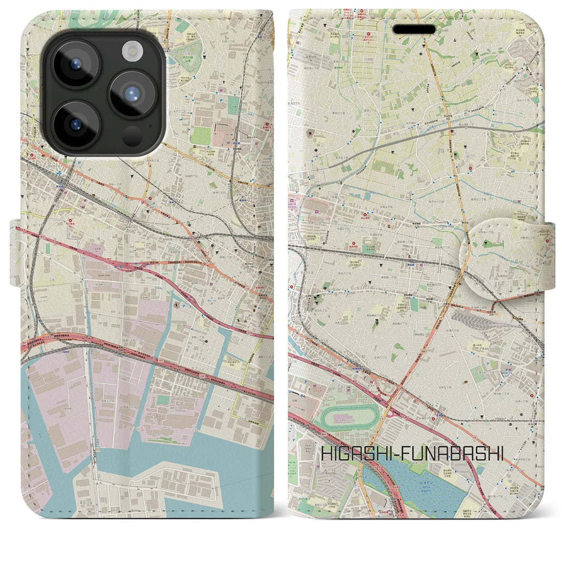 【東船橋】地図柄iPhoneケース（手帳両面タイプ・ナチュラル）iPhone 15 Pro Max 用