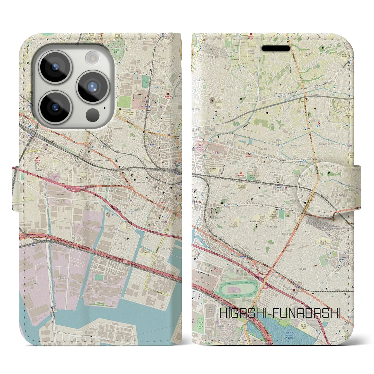 【東船橋】地図柄iPhoneケース（手帳両面タイプ・ナチュラル）iPhone 15 Pro 用