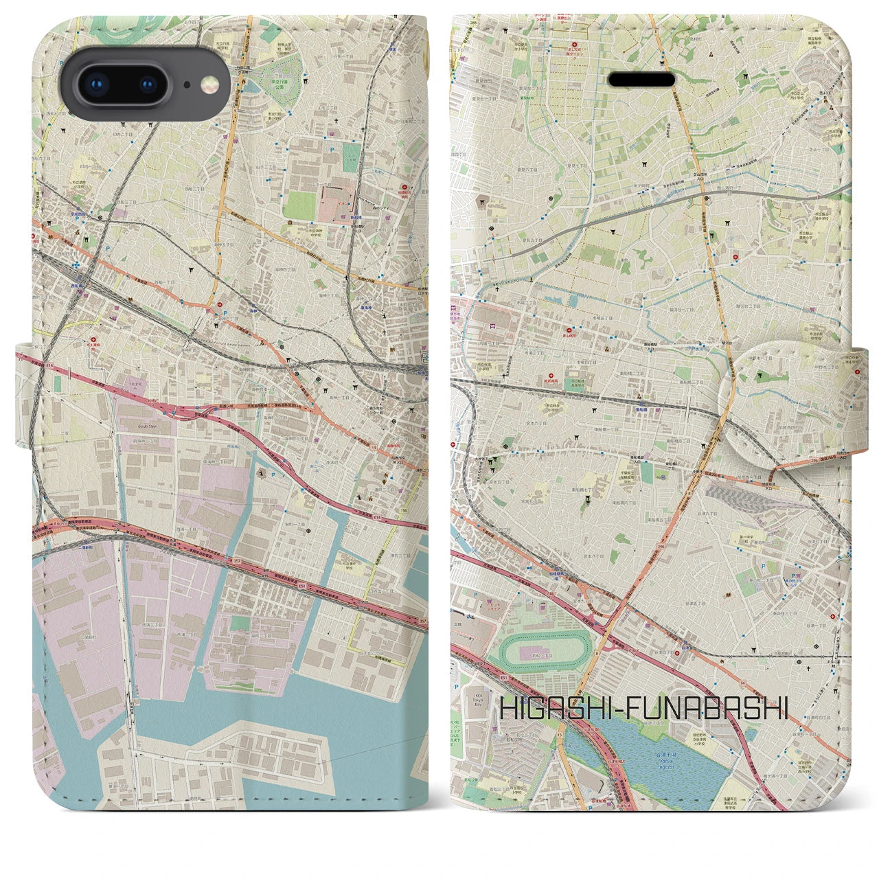 【東船橋】地図柄iPhoneケース（手帳両面タイプ・ナチュラル）iPhone 8Plus /7Plus / 6sPlus / 6Plus 用