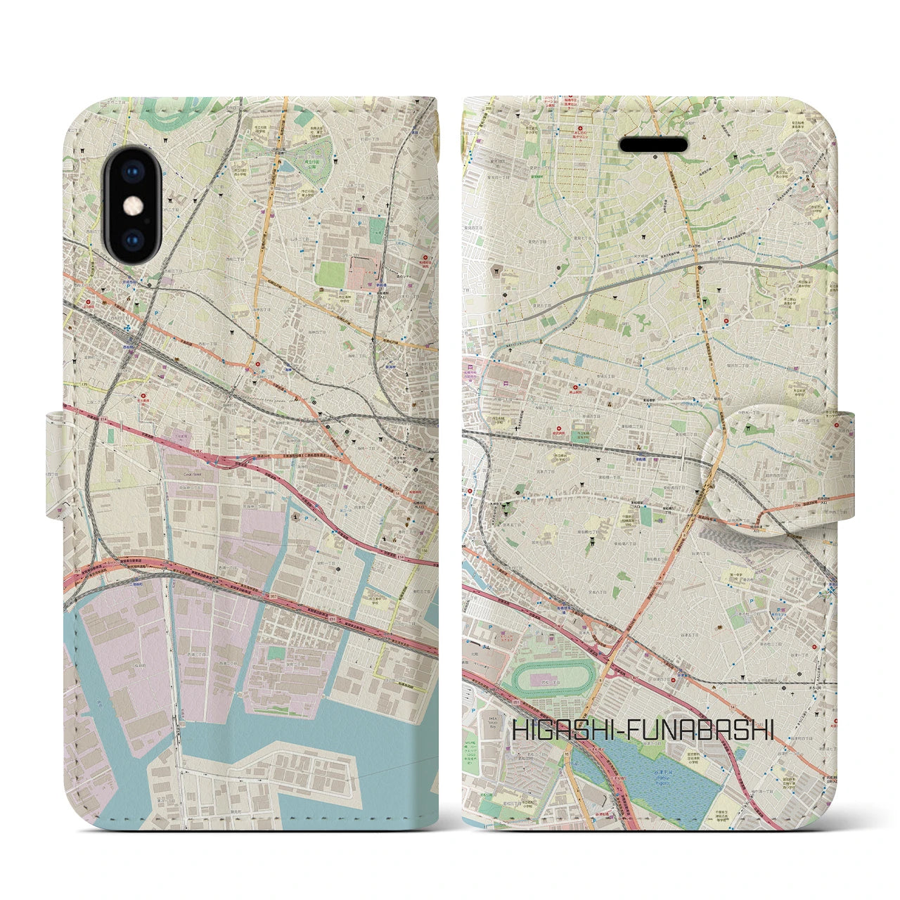 【東船橋】地図柄iPhoneケース（手帳両面タイプ・ナチュラル）iPhone XS / X 用