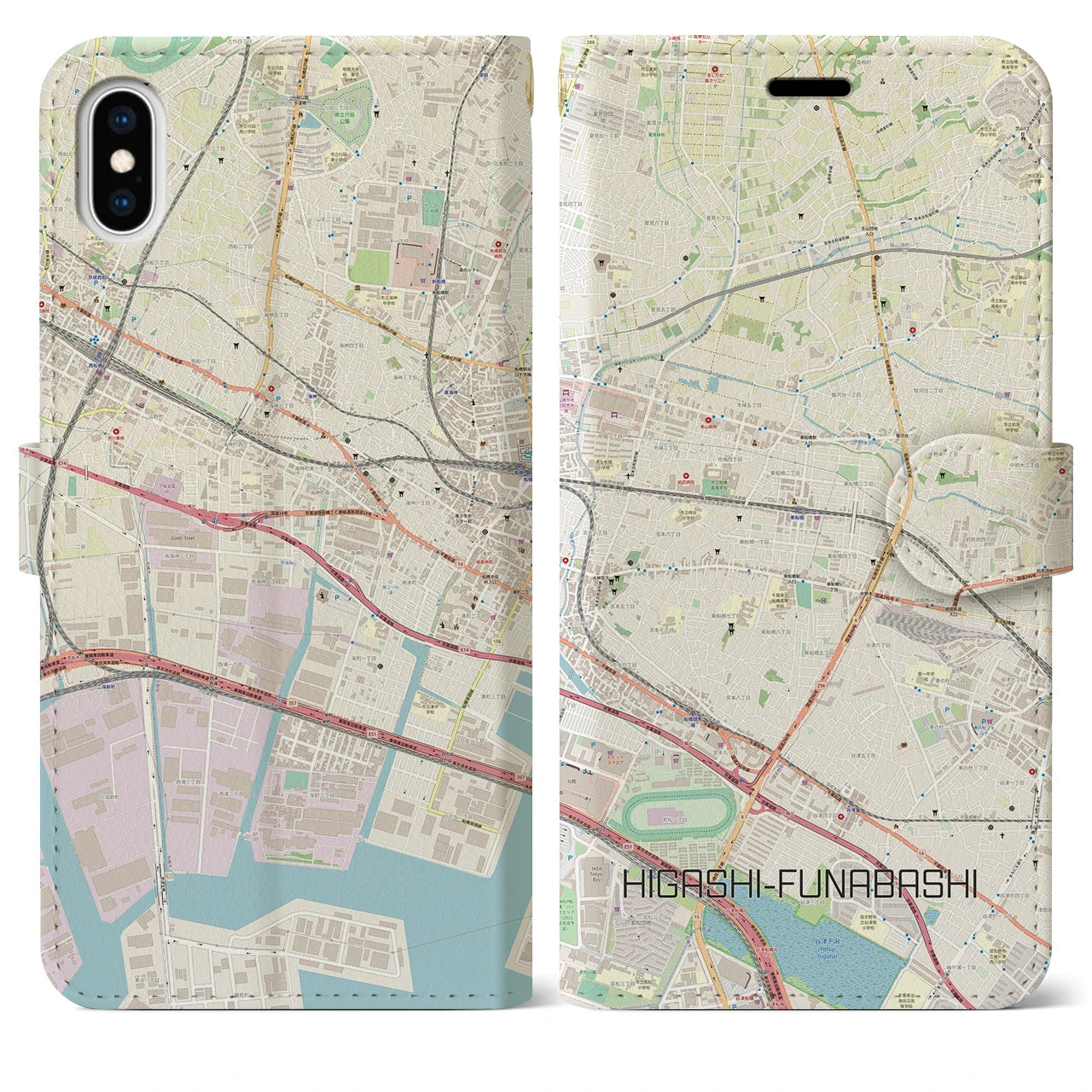 【東船橋】地図柄iPhoneケース（手帳両面タイプ・ナチュラル）iPhone XS Max 用