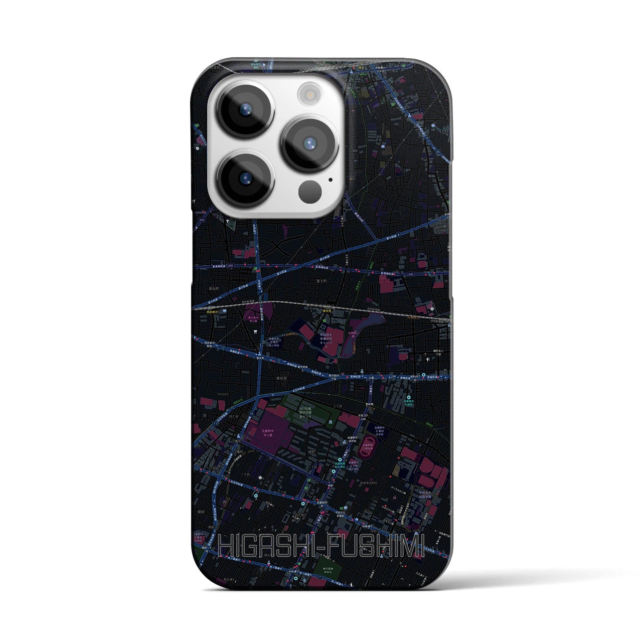 【東伏見】地図柄iPhoneケース（バックカバータイプ・ブラック）iPhone 14 Pro 用