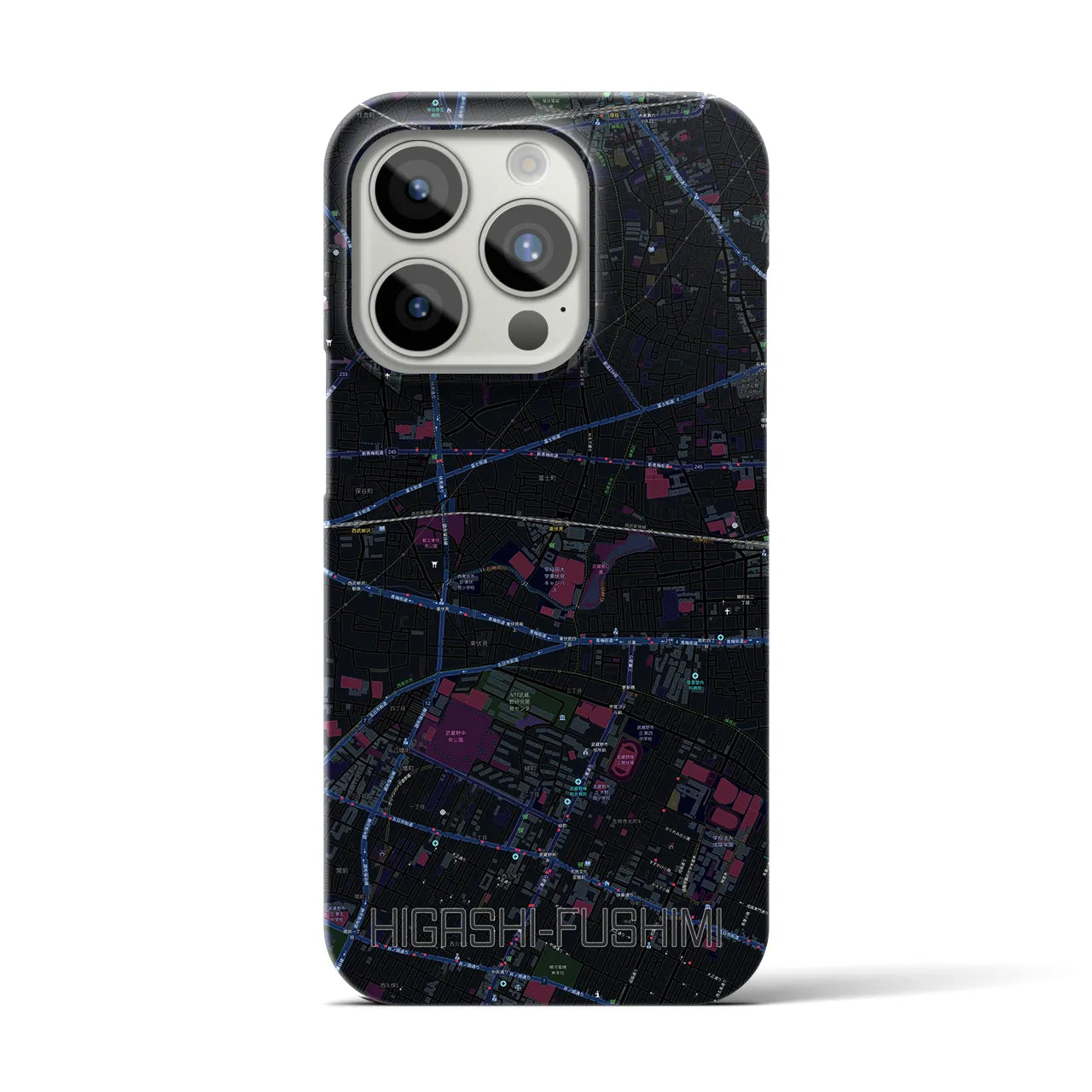 【東伏見】地図柄iPhoneケース（バックカバータイプ・ブラック）iPhone 15 Pro 用