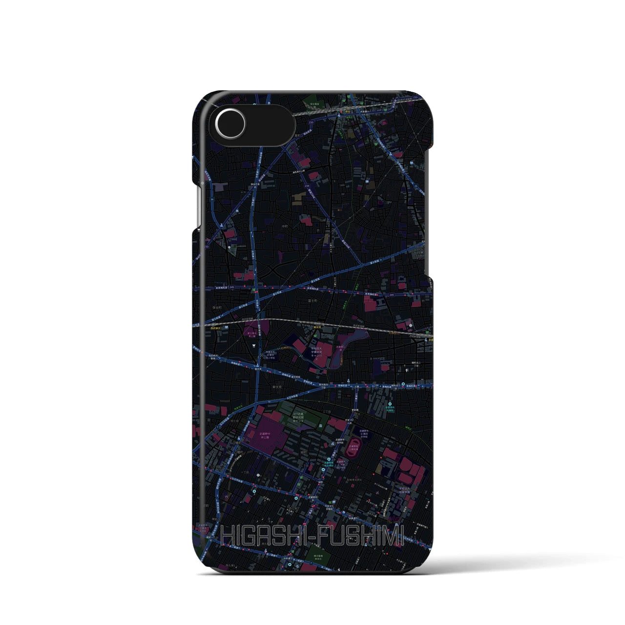 【東伏見】地図柄iPhoneケース（バックカバータイプ・ブラック）iPhone SE（第3 / 第2世代） / 8 / 7 / 6s / 6 用