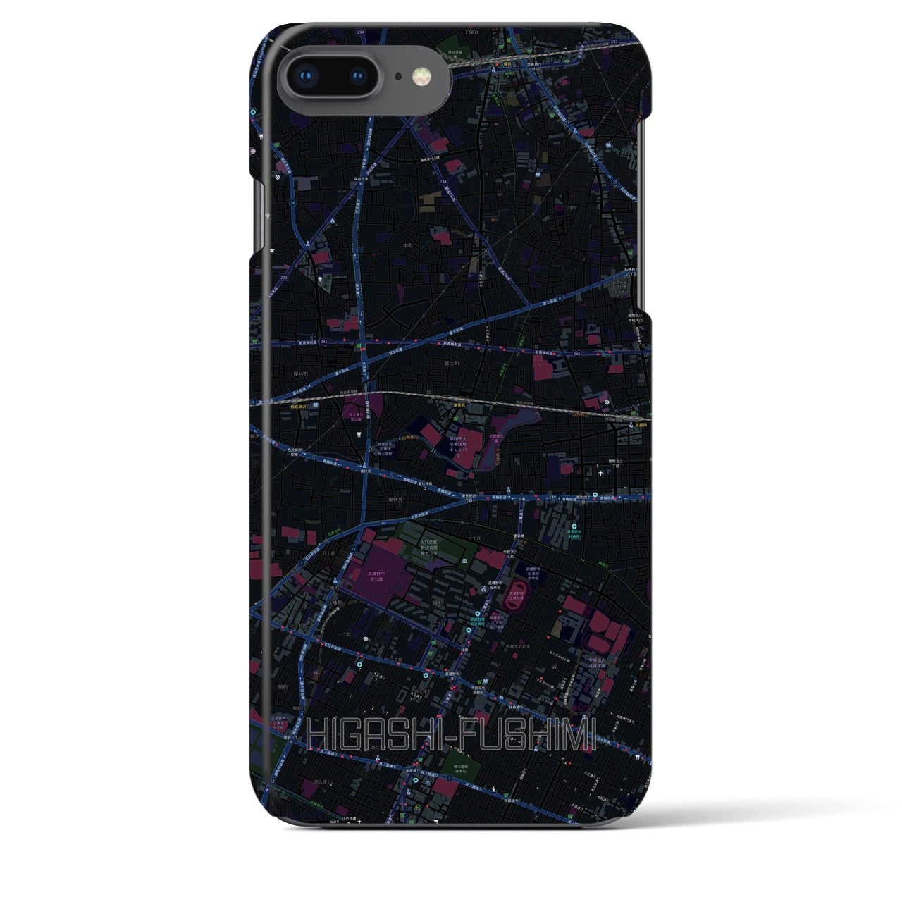 【東伏見】地図柄iPhoneケース（バックカバータイプ・ブラック）iPhone 8Plus /7Plus / 6sPlus / 6Plus 用