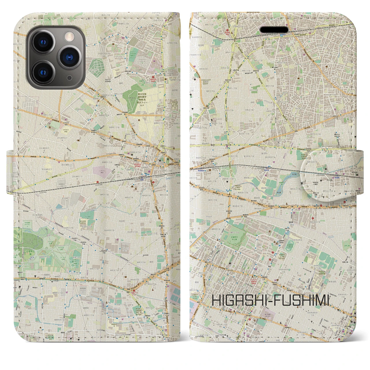 【東伏見】地図柄iPhoneケース（手帳両面タイプ・ナチュラル）iPhone 11 Pro Max 用