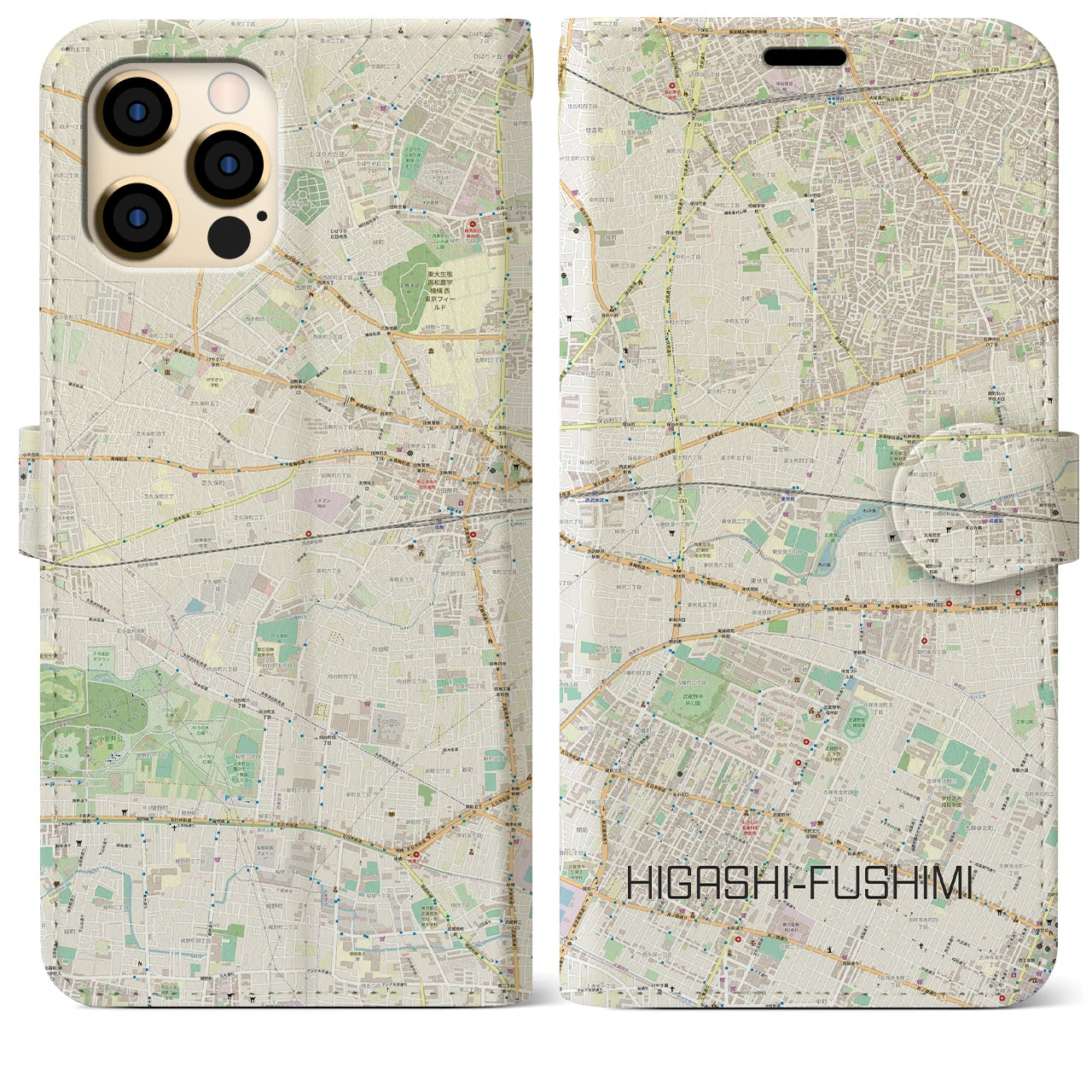 【東伏見】地図柄iPhoneケース（手帳両面タイプ・ナチュラル）iPhone 12 Pro Max 用