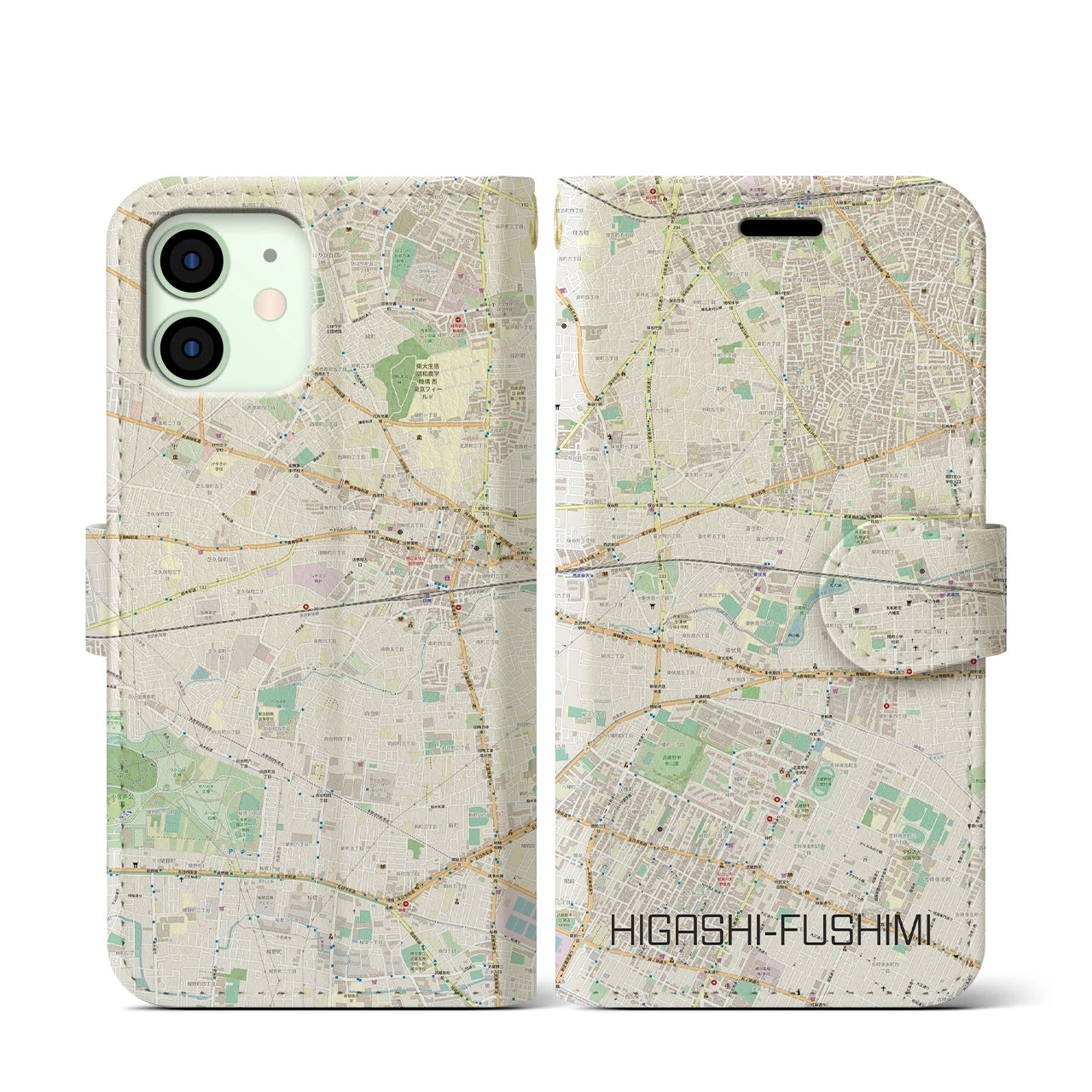 【東伏見】地図柄iPhoneケース（手帳両面タイプ・ナチュラル）iPhone 12 mini 用