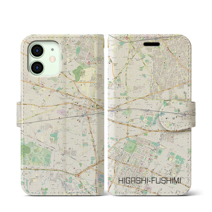 【東伏見（東京都）】地図柄iPhoneケース（手帳タイプ）ナチュラル・iPhone 12 mini 用