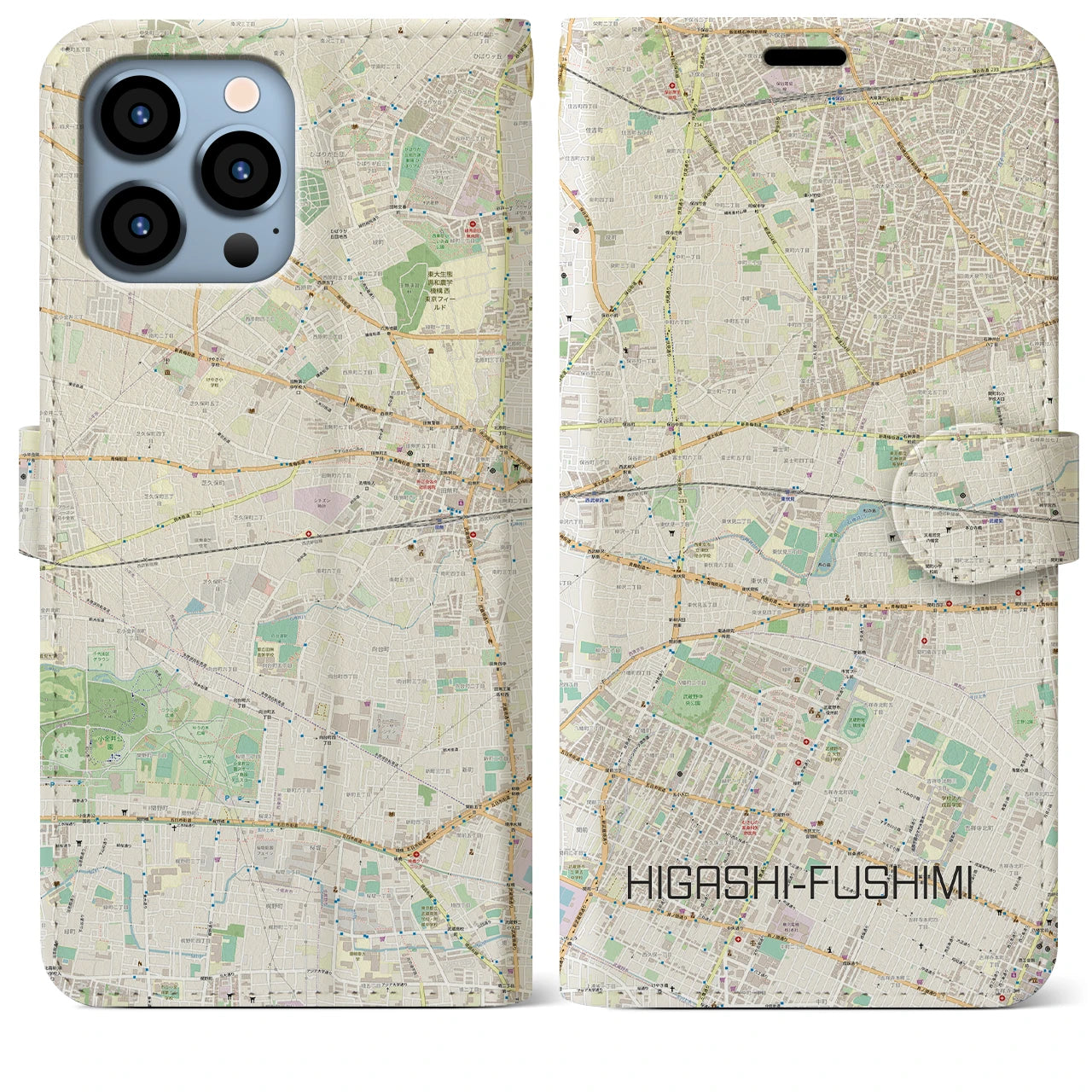 【東伏見】地図柄iPhoneケース（手帳両面タイプ・ナチュラル）iPhone 13 Pro Max 用