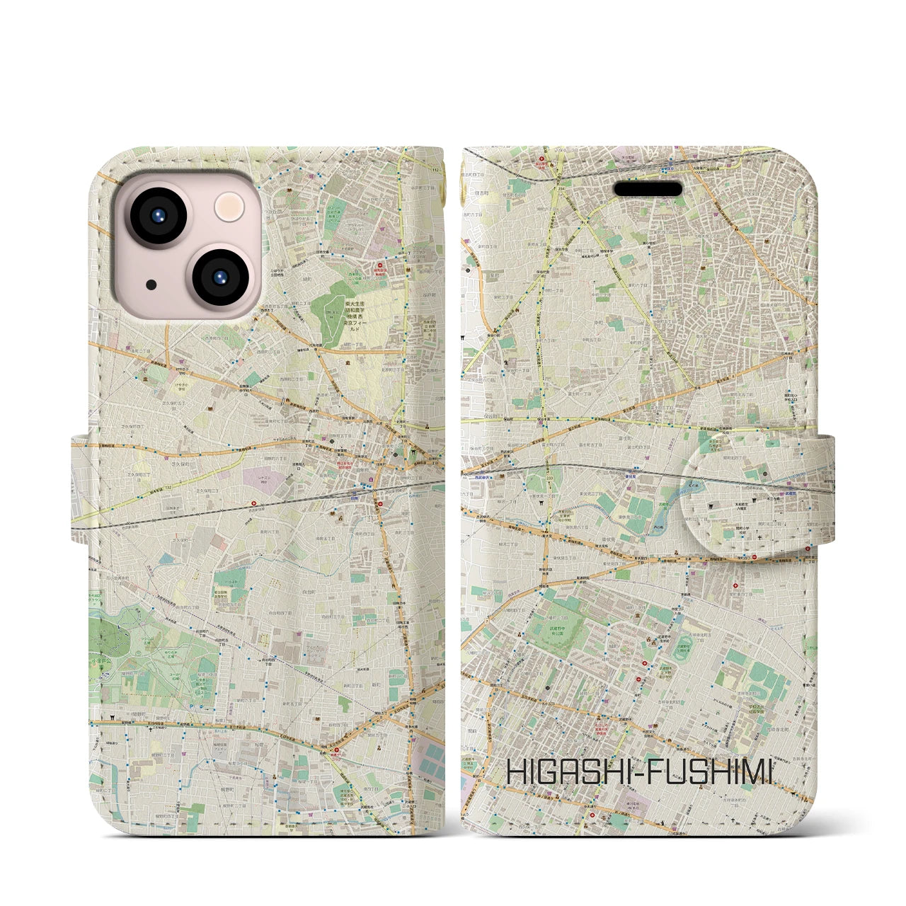 【東伏見】地図柄iPhoneケース（手帳両面タイプ・ナチュラル）iPhone 13 mini 用