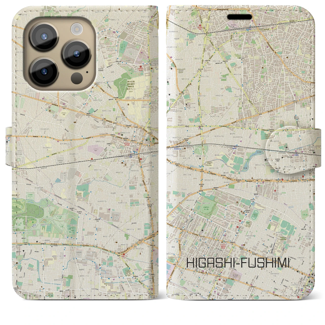 【東伏見】地図柄iPhoneケース（手帳両面タイプ・ナチュラル）iPhone 14 Pro Max 用