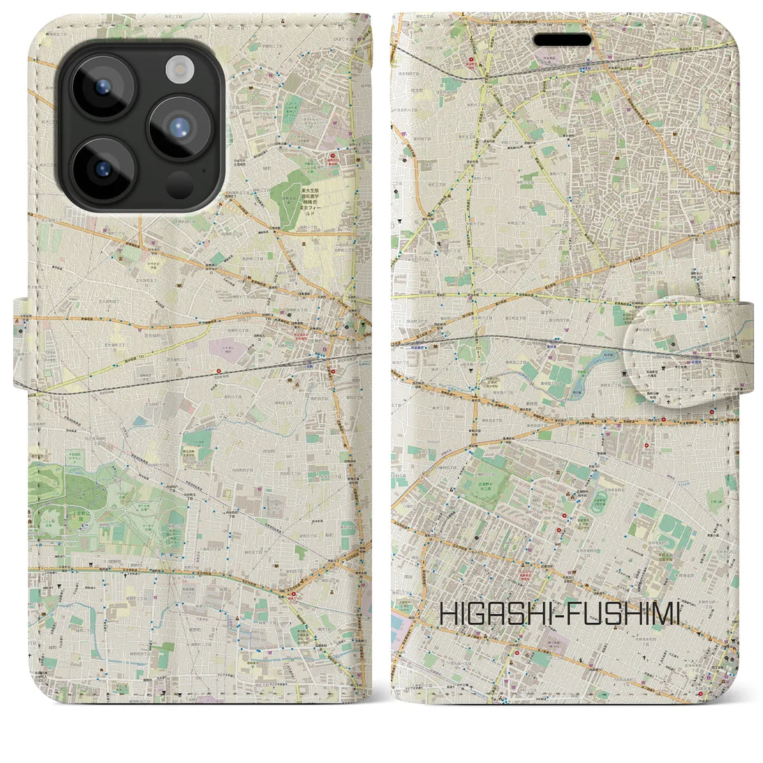 【東伏見】地図柄iPhoneケース（手帳両面タイプ・ナチュラル）iPhone 15 Pro Max 用
