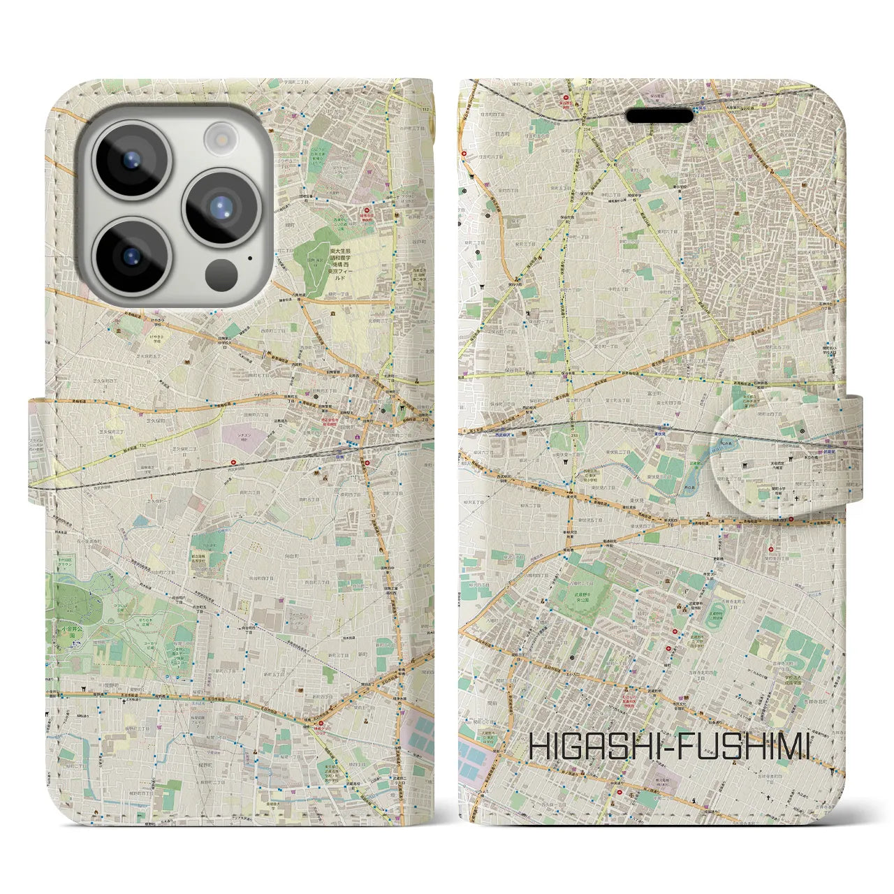 【東伏見】地図柄iPhoneケース（手帳両面タイプ・ナチュラル）iPhone 15 Pro 用