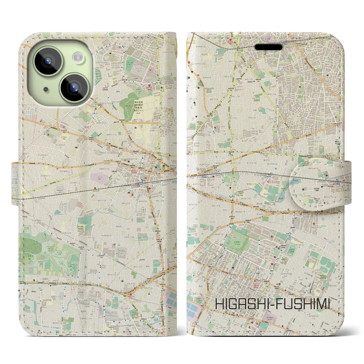 【東伏見】地図柄iPhoneケース（手帳両面タイプ・ナチュラル）iPhone 15 用