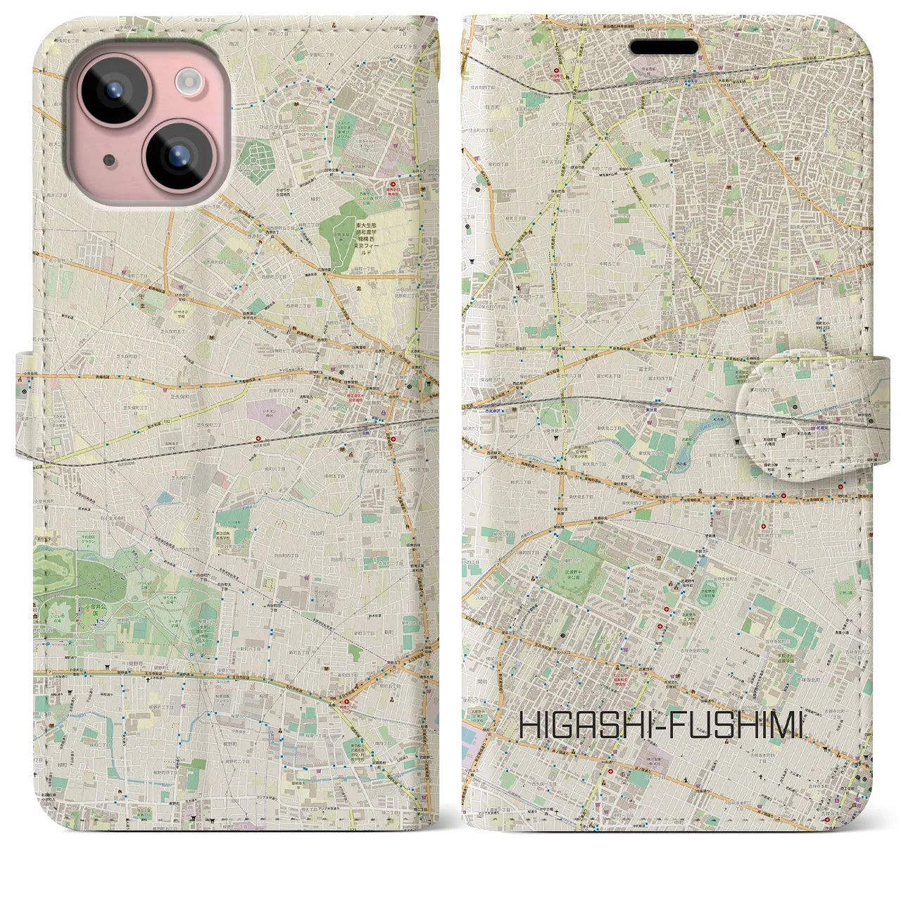【東伏見】地図柄iPhoneケース（手帳両面タイプ・ナチュラル）iPhone 15 Plus 用