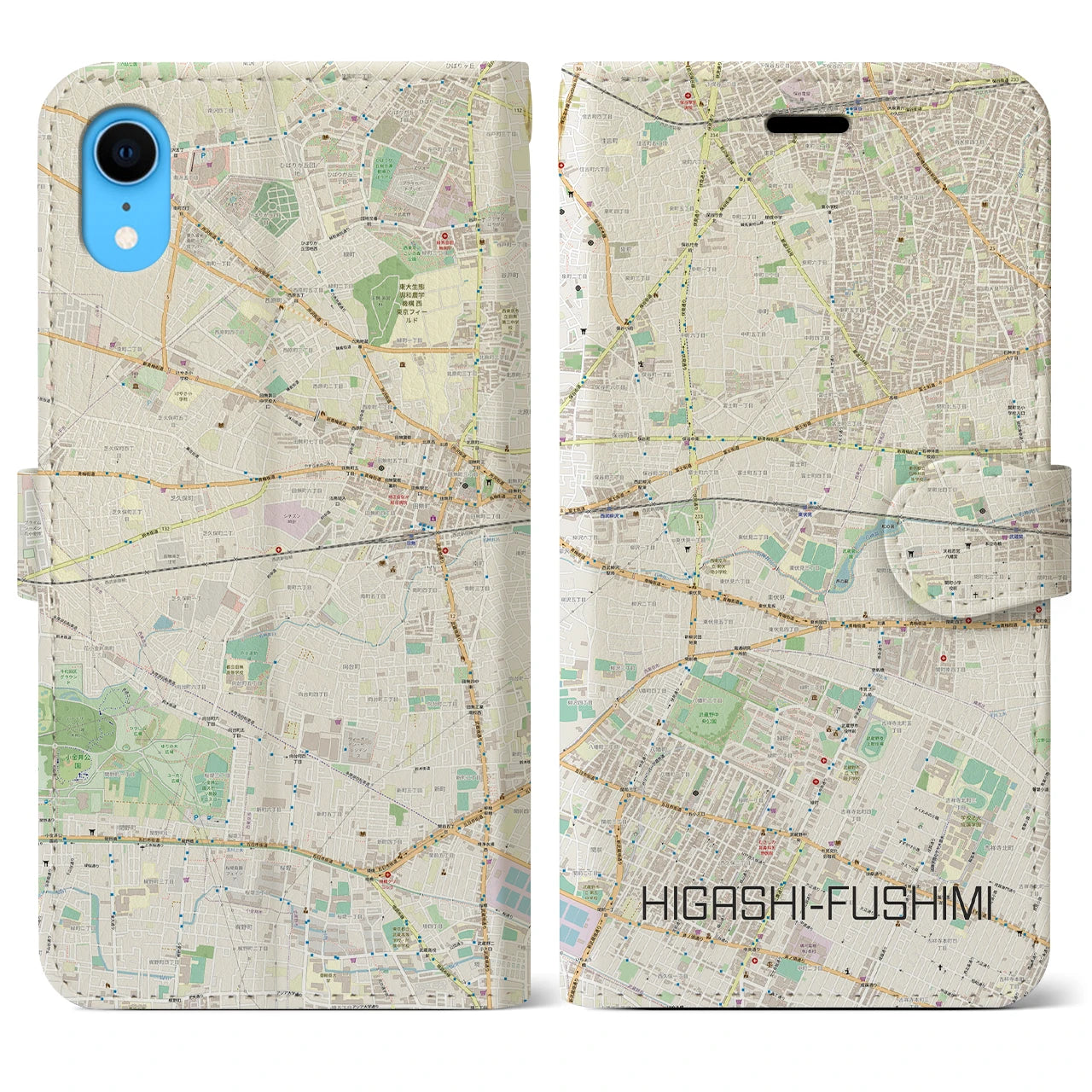 【東伏見】地図柄iPhoneケース（手帳両面タイプ・ナチュラル）iPhone XR 用