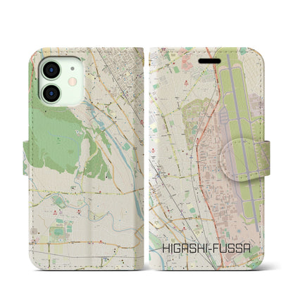 【東福生（東京都）】地図柄iPhoneケース（手帳タイプ）ナチュラル・iPhone 12 mini 用